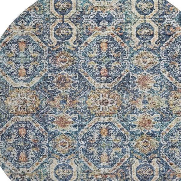 HomeRoots 8' Denim Blue Beige and Copper Medallion Washable Round Rug – Stylish, Durable, UV-Protected Design 688228