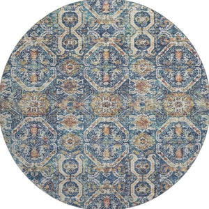 HomeRoots 8' Denim Blue Beige and Copper Medallion Washable Round Rug – Stylish, Durable, UV-Protected Design 688228