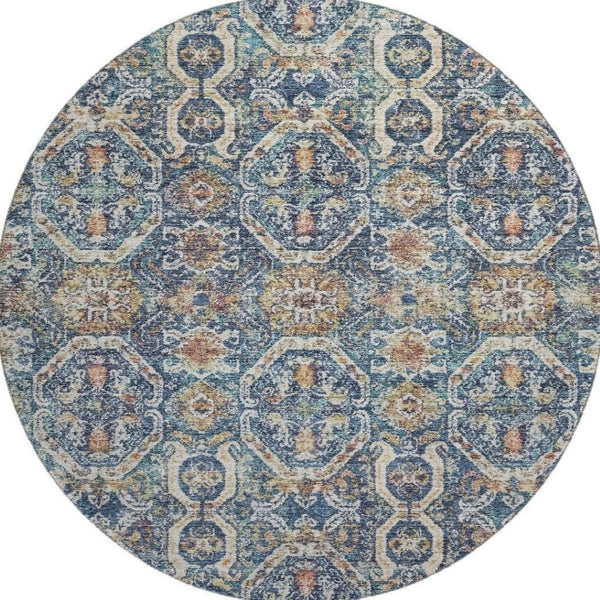 HomeRoots 8' Denim Blue Beige and Copper Medallion Washable Round Rug – Stylish, Durable, UV-Protected Design 688228