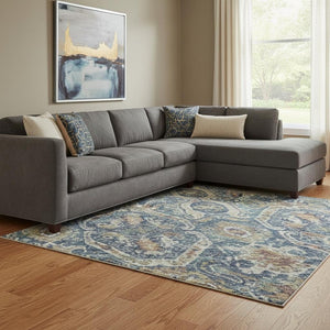 HomeRoots 8' X 10' Washable Denim Blue, Beige & Copper Medallion Area Rug - UV Protected & Stain Resistant Decor 688229