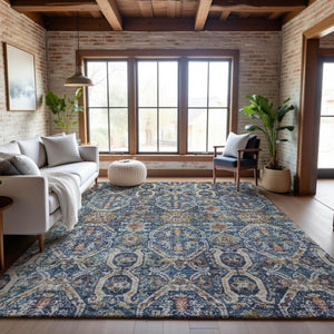 HomeRoots 8' X 10' Washable Denim Blue, Beige & Copper Medallion Area Rug - UV Protected & Stain Resistant Decor 688229