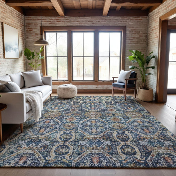 HomeRoots 8' X 10' Washable Denim Blue, Beige & Copper Medallion Area Rug - UV Protected & Stain Resistant Decor 688229