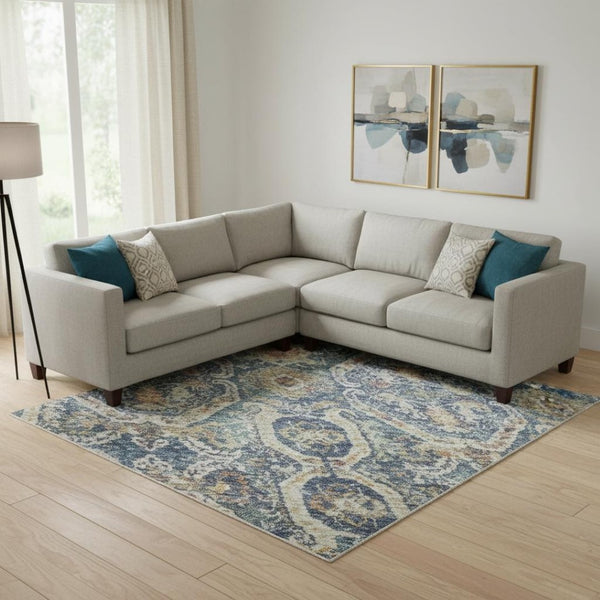HomeRoots 9' X 12' Denim Blue Beige Copper Medallion Area Rug - Durable, Washable, UV Protected for Homes 688230