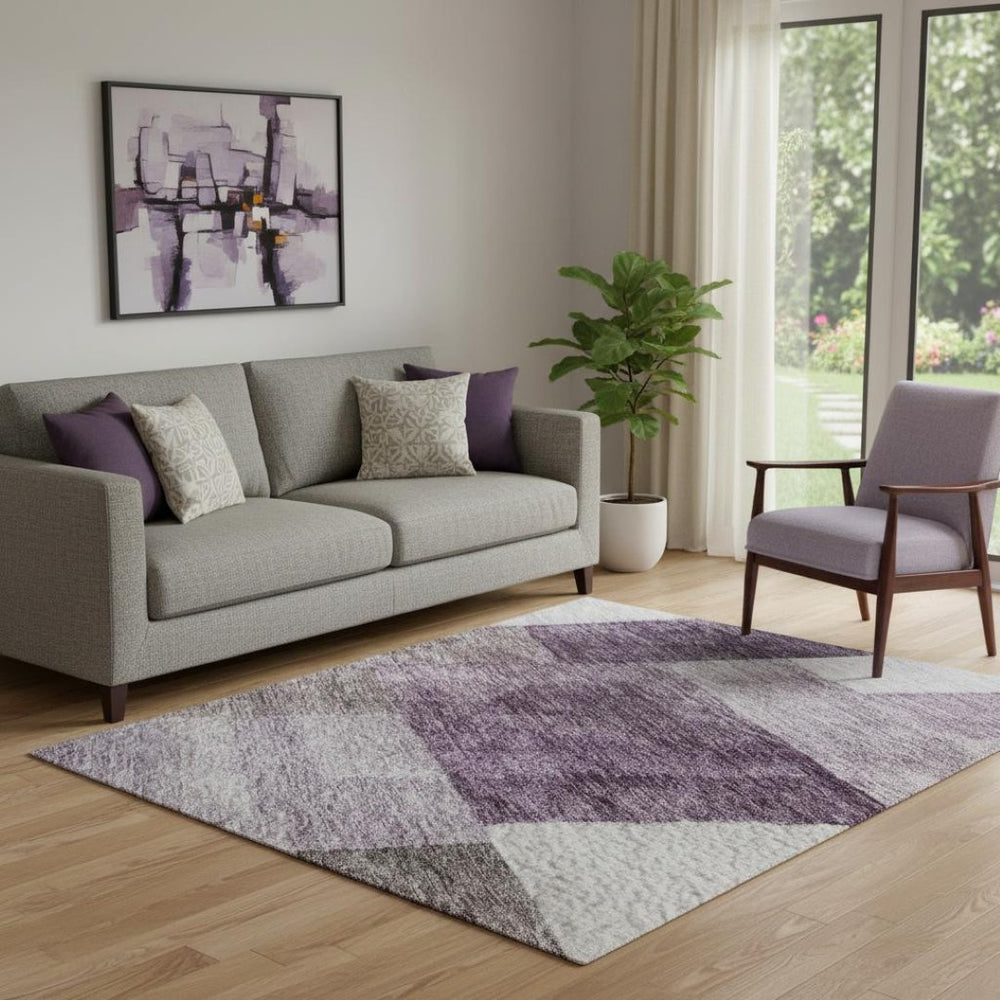 HomeRoots 5' Contemporary Eggplant Gray & Ivory Geometric Washable Area Rug - UV Protected & Stain Resistant 688233