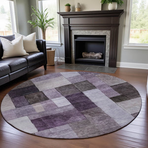 HomeRoots 8' Eggplant Gray & Ivory Geometric Washable Round Rug – UV Protected, Durable & Stylish for Any Space 688234