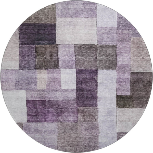 HomeRoots 8' Eggplant Gray & Ivory Geometric Washable Round Rug – UV Protected, Durable & Stylish for Any Space 688234