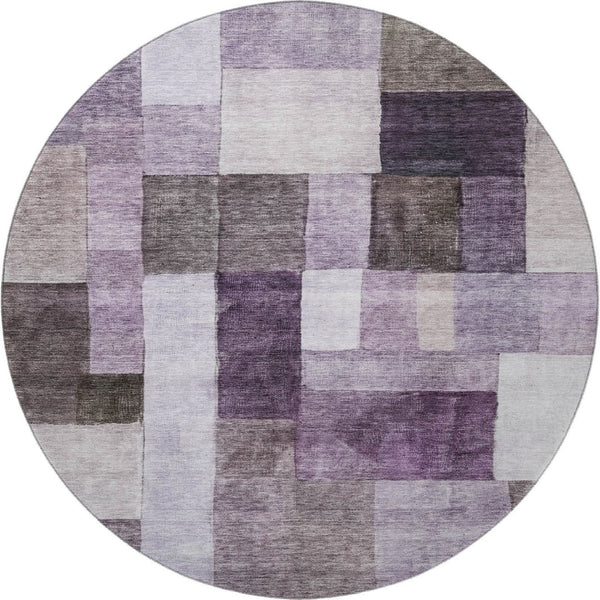 HomeRoots 8' Eggplant Gray & Ivory Geometric Washable Round Rug – UV Protected, Durable & Stylish for Any Space 688234