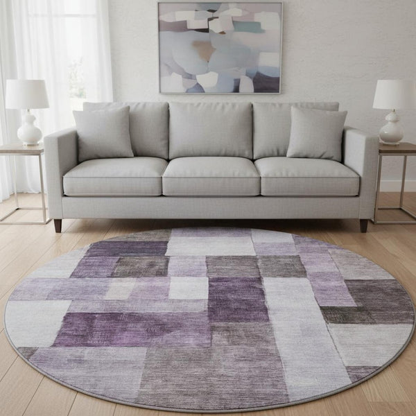 HomeRoots 8' Eggplant Gray & Ivory Geometric Washable Round Rug – UV Protected, Durable & Stylish for Any Space 688234