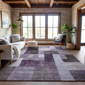 HomeRoots 9' X 12' Eggplant Gray Ivory Geometric Washable Area Rug - UV Protected, Stain Resistant & Stylish 688236
