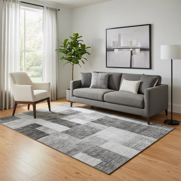 HomeRoots 5' X 8' Pewter Gray Geometric Area Rug - Washable, UV Protected, Stain-Resistant for High Traffic Homes 688239