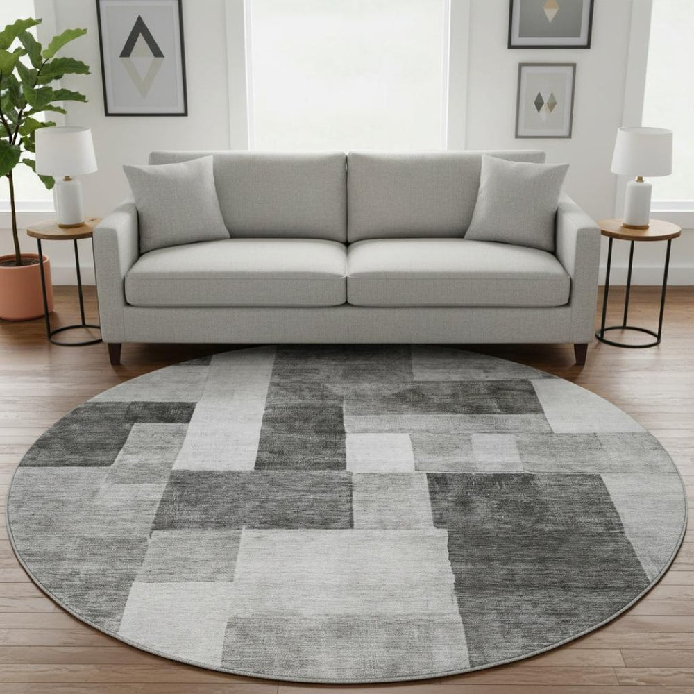 HomeRoots 8' Stylish Pewter Gray & Silver Geometric Round Rug - Washable, UV Protected, Perfect for Any Room! 688240