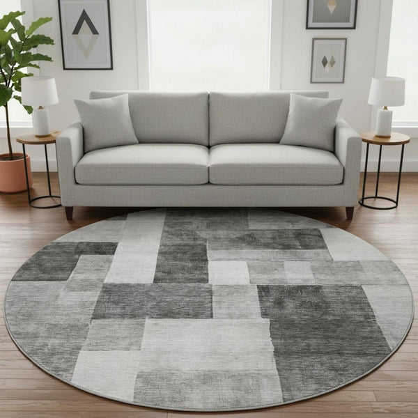 HomeRoots 8' Stylish Pewter Gray & Silver Geometric Round Rug - Washable, UV Protected, Perfect for Any Room! 688240