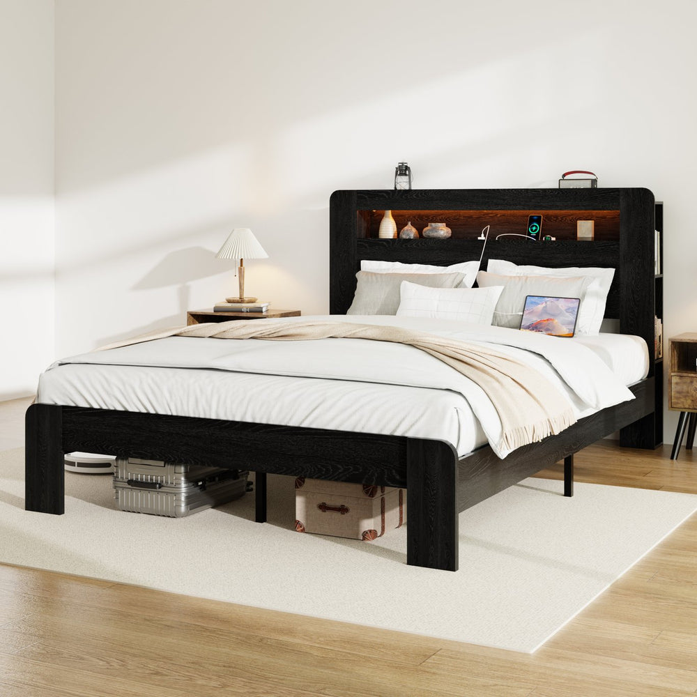English Elm Bed Frame King Size - Stylish Wood Platform With Led Headboard, Usb Ports & Ample Storage Space! W636P265356