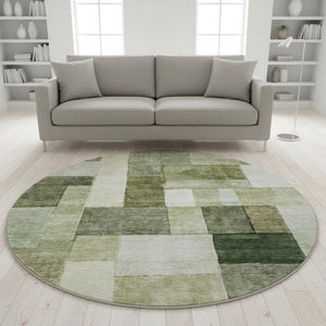 HomeRoots 8' Sage Beige and Gray Geometric Round Rug - Washable, UV-Protected, Durable, Family-Friendly Design 688246