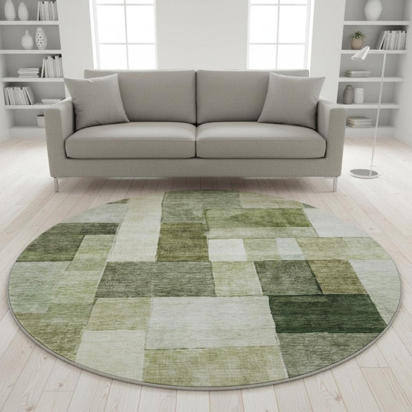 HomeRoots 8' Sage Beige and Gray Geometric Round Rug - Washable, UV-Protected, Durable, Family-Friendly Design 688246