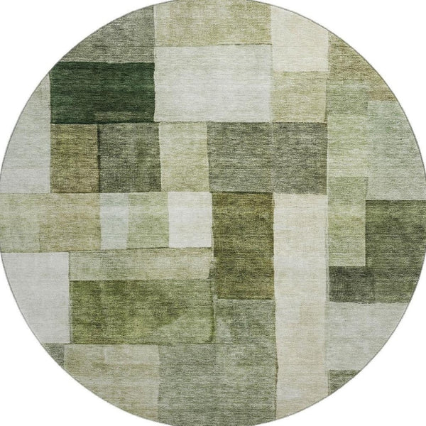 HomeRoots 8' Sage Beige and Gray Geometric Round Rug - Washable, UV-Protected, Durable, Family-Friendly Design 688246