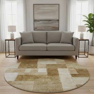 HomeRoots 8' Modern Geometric Washable Round Rug in Terra Cotta, Beige & Copper - Durable, UV Protected Style 688252