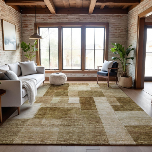 HomeRoots 9' X 12' Versatile Terra Cotta Beige & Copper Geometric Washable Area Rug with UV Protection 688254