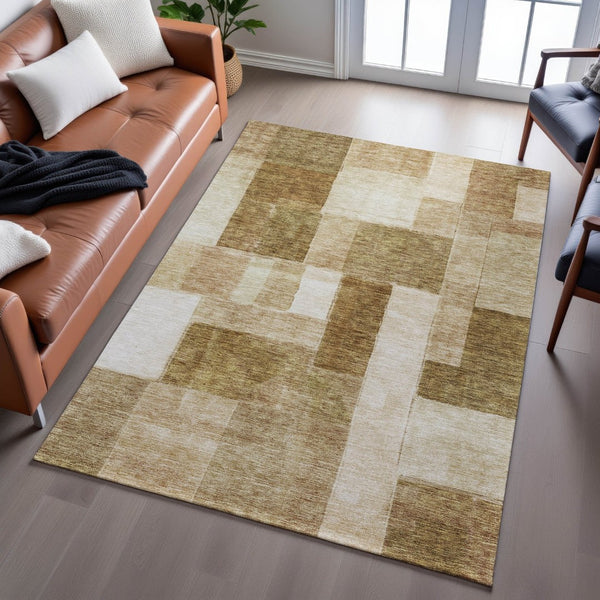 HomeRoots 9' X 12' Versatile Terra Cotta Beige & Copper Geometric Washable Area Rug with UV Protection 688254