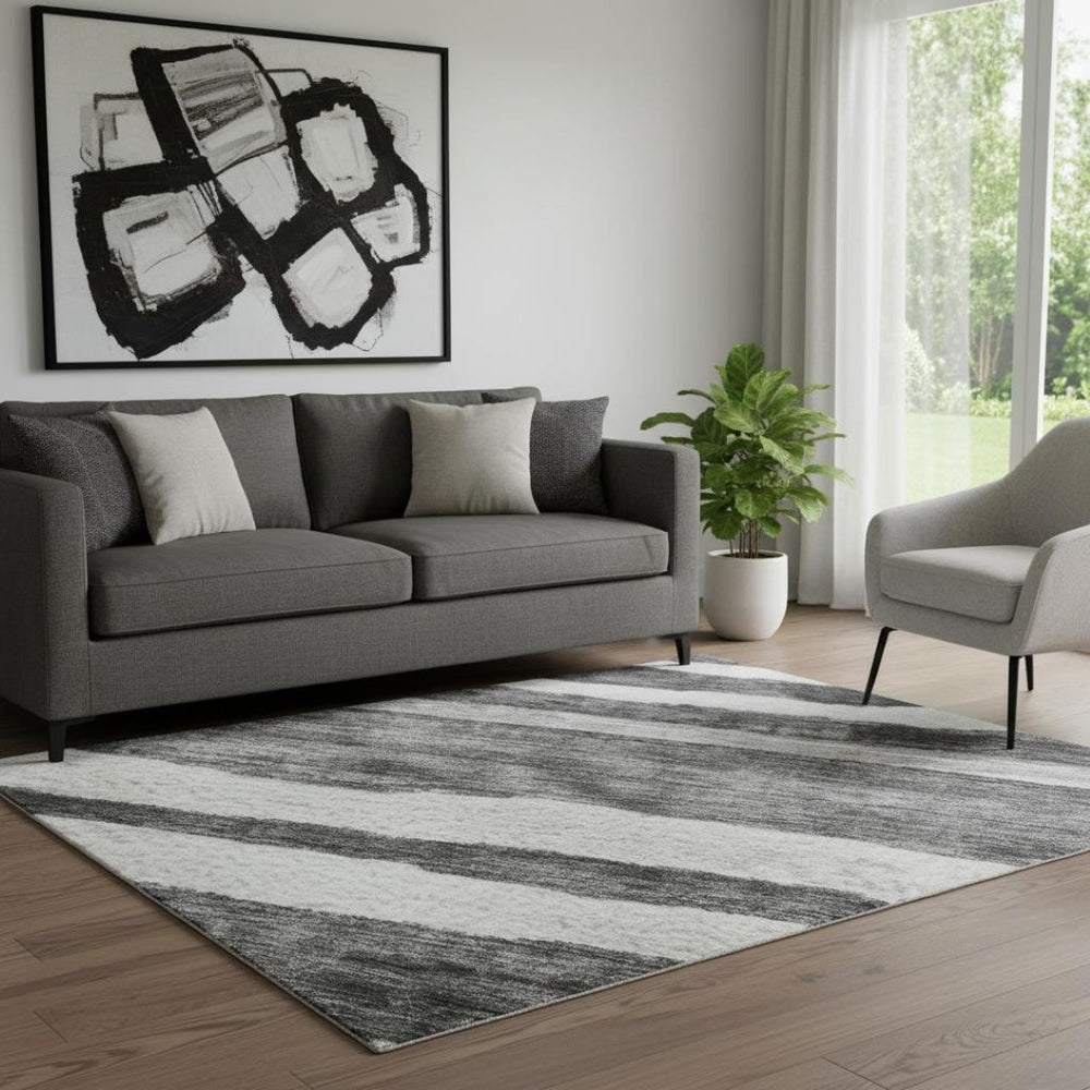 HomeRoots 5' X 8' Charcoal & Ivory Striped Washable Area Rug - Durable, Stylish, UV Protected for High Traffic Areas 688257