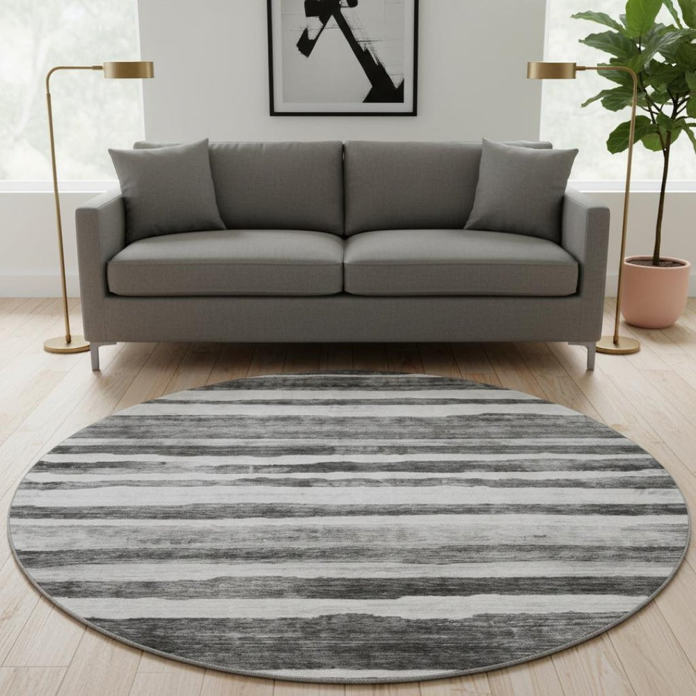 HomeRoots 8' Stylish Charcoal and Ivory Striped Washable Round Rug - UV Protected & Family-Friendly Design 688258