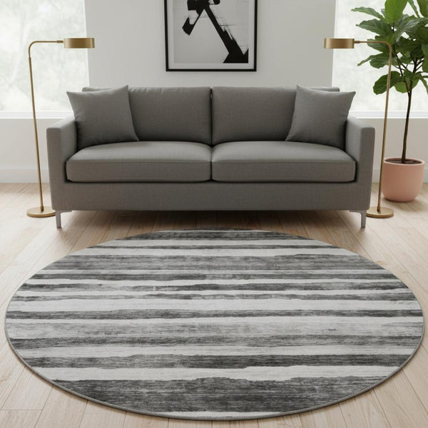 HomeRoots 8' Stylish Charcoal and Ivory Striped Washable Round Rug - UV Protected & Family-Friendly Design 688258