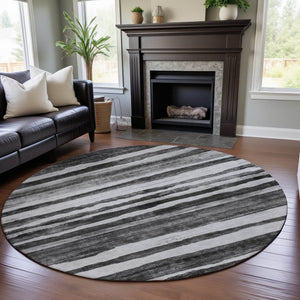 HomeRoots 8' Stylish Charcoal and Ivory Striped Washable Round Rug - UV Protected & Family-Friendly Design 688258
