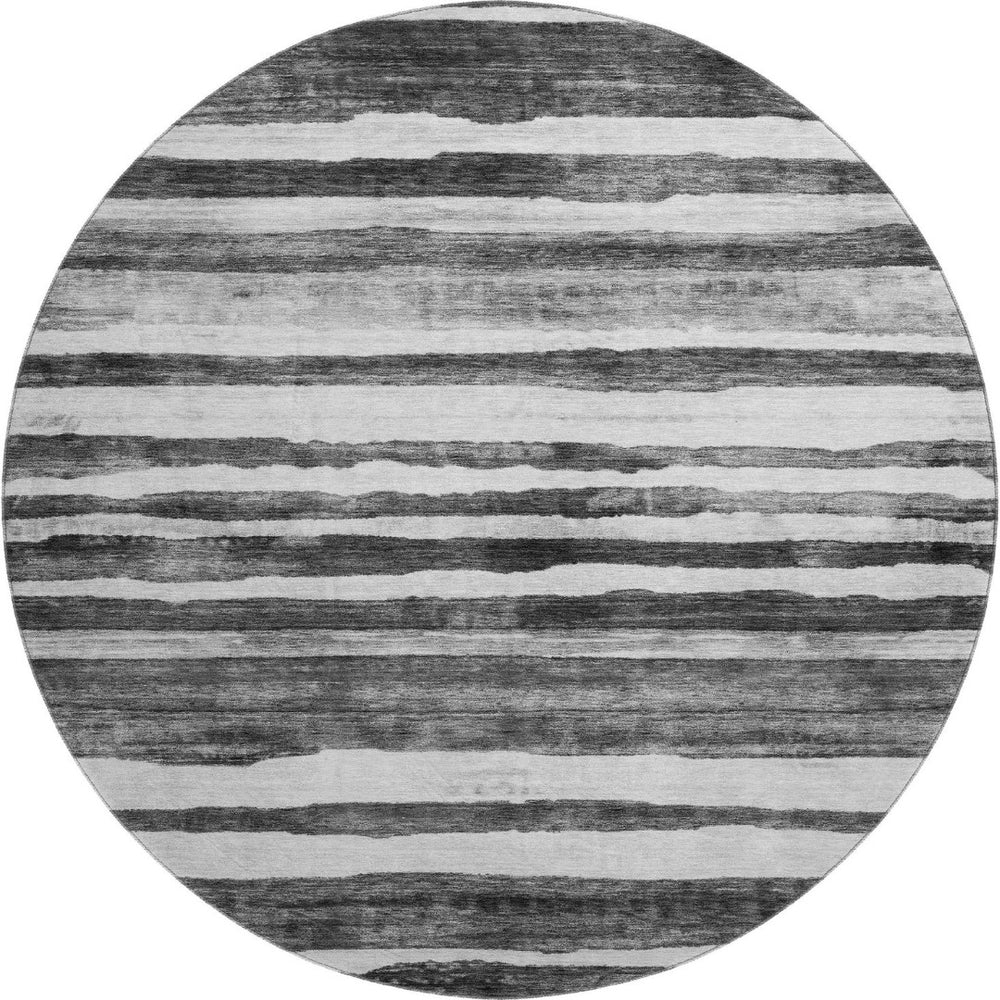 HomeRoots 8' Stylish Charcoal and Ivory Striped Washable Round Rug - UV Protected & Family-Friendly Design 688258