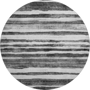 HomeRoots 8' Stylish Charcoal and Ivory Striped Washable Round Rug - UV Protected & Family-Friendly Design 688258