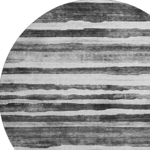 HomeRoots 8' Stylish Charcoal and Ivory Striped Washable Round Rug - UV Protected & Family-Friendly Design 688258