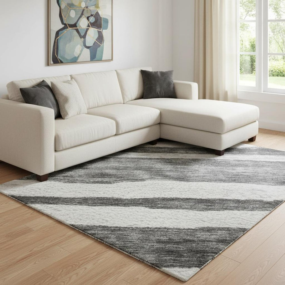 HomeRoots 8' X 10' Charcoal and Ivory Striped Washable Area Rug - Durable, UV-Protected, Easy Care for Homes! 688259