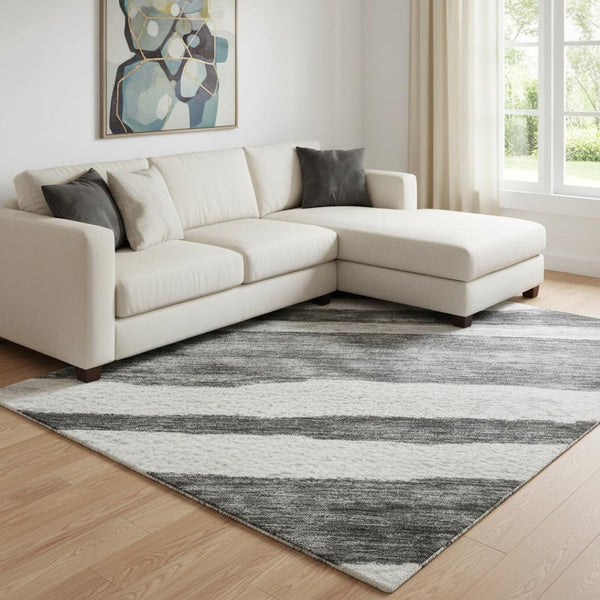 HomeRoots 8' X 10' Charcoal and Ivory Striped Washable Area Rug - Durable, UV-Protected, Easy Care for Homes! 688259
