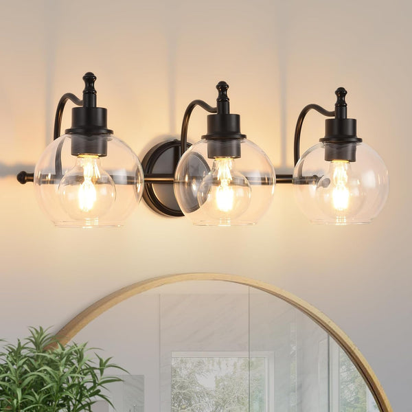 English Elm 3-Lights Brushed Gold Vanity Light 22" Retro Modern Bathroom Fixture with Clear Glass Shades, E26 Bulb Ready T3177P283992