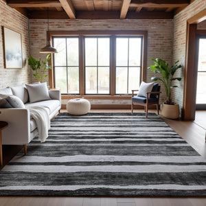 HomeRoots 9' X 12' Stylish Charcoal & Ivory Striped Washable Area Rug with UV Protection for High Traffic Areas 688260