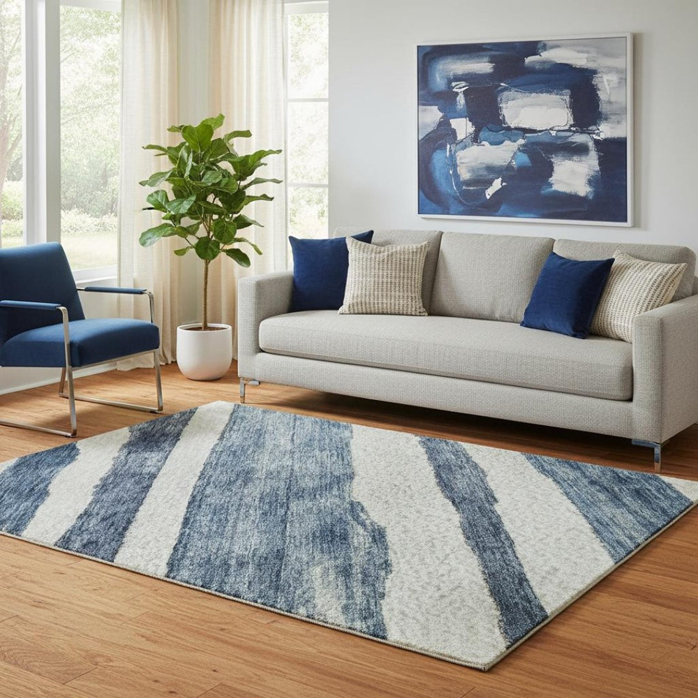 HomeRoots 5' X 8' Denim Blue & Ivory Striped Area Rug – Washable, Stain-Resistant, UV-Protected for Homes 688263