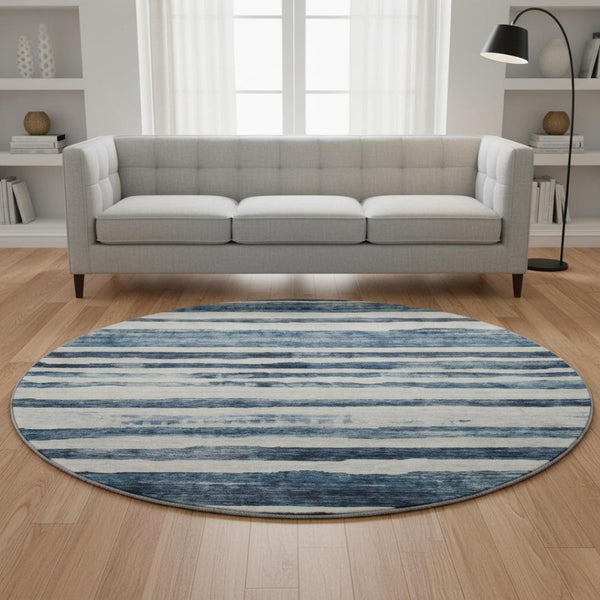 HomeRoots 8' Denim Blue & Ivory Striped Round Rug - Washable, UV Protected, Stain Resistant, Family Friendly! 688264