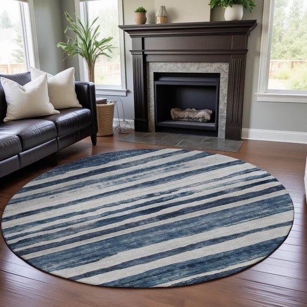 HomeRoots 8' Denim Blue & Ivory Striped Round Rug - Washable, UV Protected, Stain Resistant, Family Friendly! 688264
