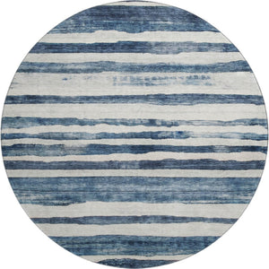 HomeRoots 8' Denim Blue & Ivory Striped Round Rug - Washable, UV Protected, Stain Resistant, Family Friendly! 688264