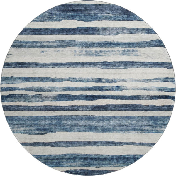 HomeRoots 8' Denim Blue & Ivory Striped Round Rug - Washable, UV Protected, Stain Resistant, Family Friendly! 688264