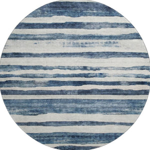 HomeRoots 8' Denim Blue & Ivory Striped Round Rug - Washable, UV Protected, Stain Resistant, Family Friendly! 688264
