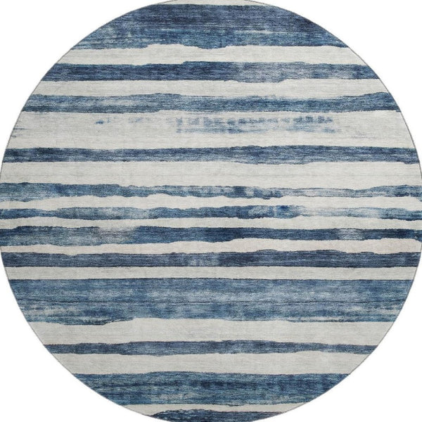 HomeRoots 8' Denim Blue & Ivory Striped Round Rug - Washable, UV Protected, Stain Resistant, Family Friendly! 688264
