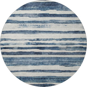 HomeRoots 8' Denim Blue & Ivory Striped Round Rug - Washable, UV Protected, Stain Resistant, Family Friendly! 688264