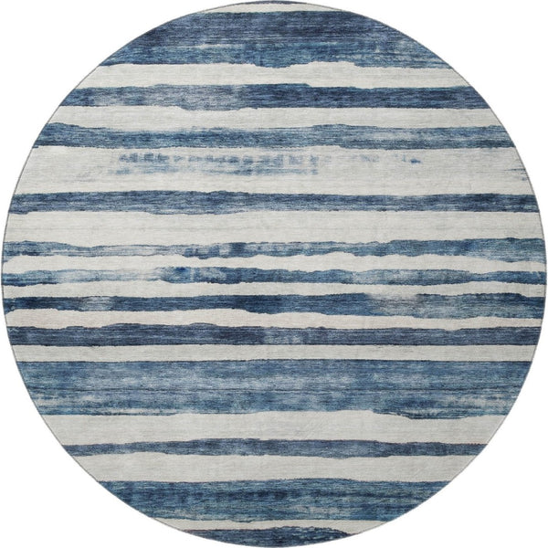 HomeRoots 8' Denim Blue & Ivory Striped Round Rug - Washable, UV Protected, Stain Resistant, Family Friendly! 688264