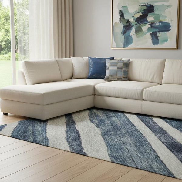 HomeRoots 8' X 10' Denim Blue & Ivory Striped Washable Area Rug with UV Protection for High-Traffic Spaces 688265