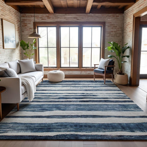 HomeRoots 10' Denim Blue & Ivory Striped Area Rug - Washable, UV Protected, Durable for High-Traffic Spaces 688267