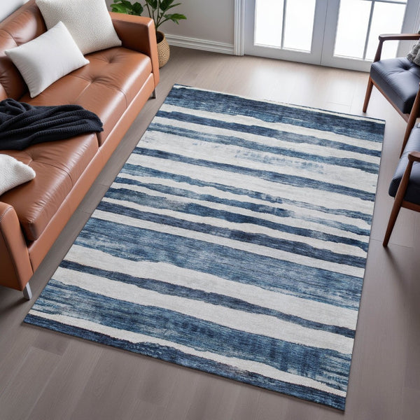 HomeRoots 10' Denim Blue & Ivory Striped Area Rug - Washable, UV Protected, Durable for High-Traffic Spaces 688267