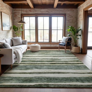 HomeRoots 5' X 8' Sage Ivory & Beige Striped Area Rug with UV Protection - Durable, Washable & Stylish Home Accent 688269