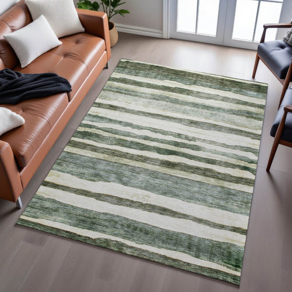 HomeRoots 5' X 8' Sage Ivory & Beige Striped Area Rug with UV Protection - Durable, Washable & Stylish Home Accent 688269