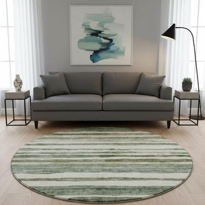 HomeRoots 8' Sage Ivory And Beige Striped Round Rug - Washable, UV Resistant, Durable for Family Spaces & Decor 688270