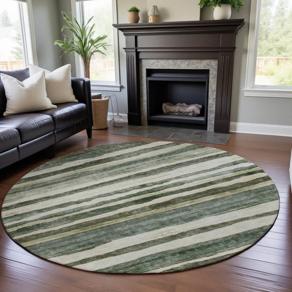 HomeRoots 8' Sage Ivory And Beige Striped Round Rug - Washable, UV Resistant, Durable for Family Spaces & Decor 688270